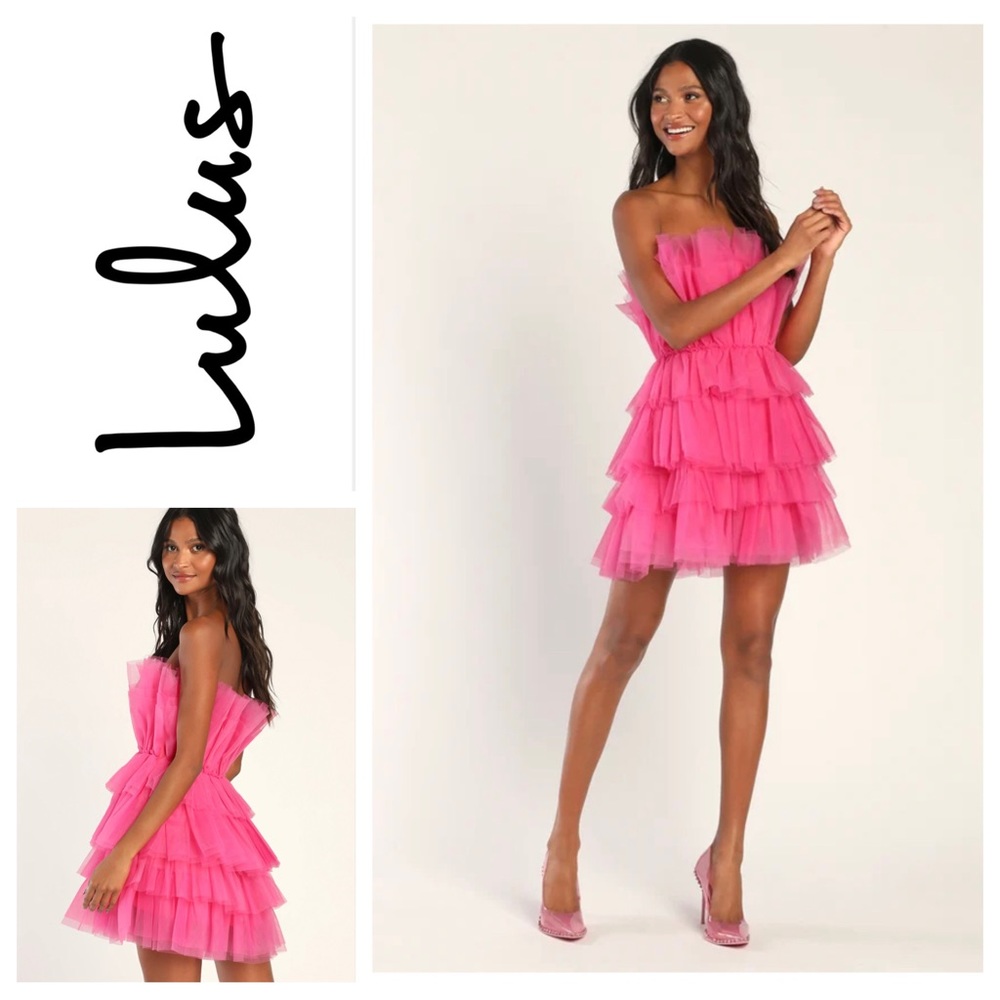 Lulu’s Tulle Intentions Hot Pink Strapless Tiered Tulle Mini Dress Sz: M